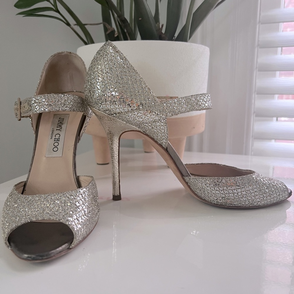 Jimmy Choo Silver Metallic Lace Glitter Mary Jane Sparkle Peep Toe Heels